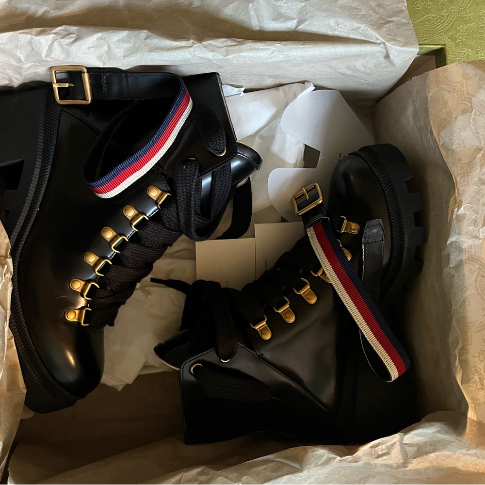 Gucci Calfskin Sylvie Web Lace Up Combat Boots 36 Black